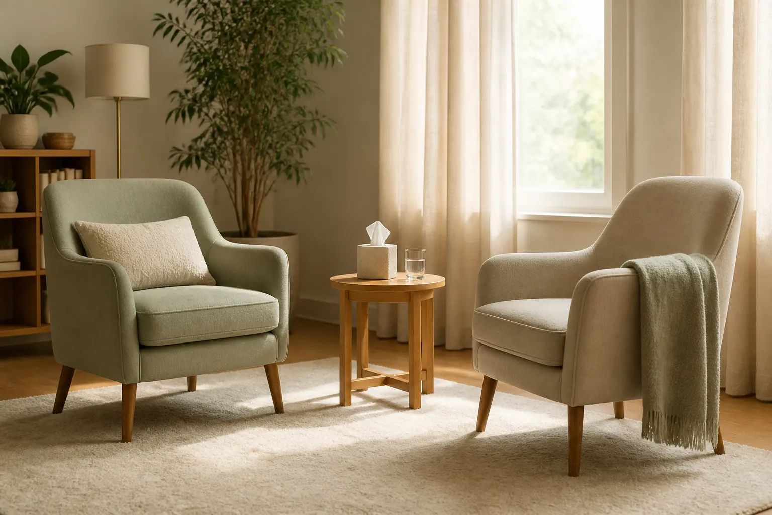 A calm, welcoming therapy space with two chairs facing each other